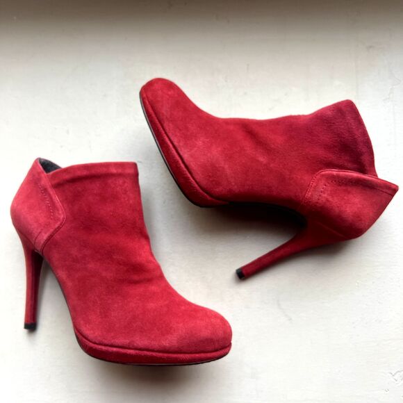 Stuart Weitzman Red Suede Stiletto Heeled  Leather Ankle Boots/Booties Women’s 7 - Picture 1 of 16